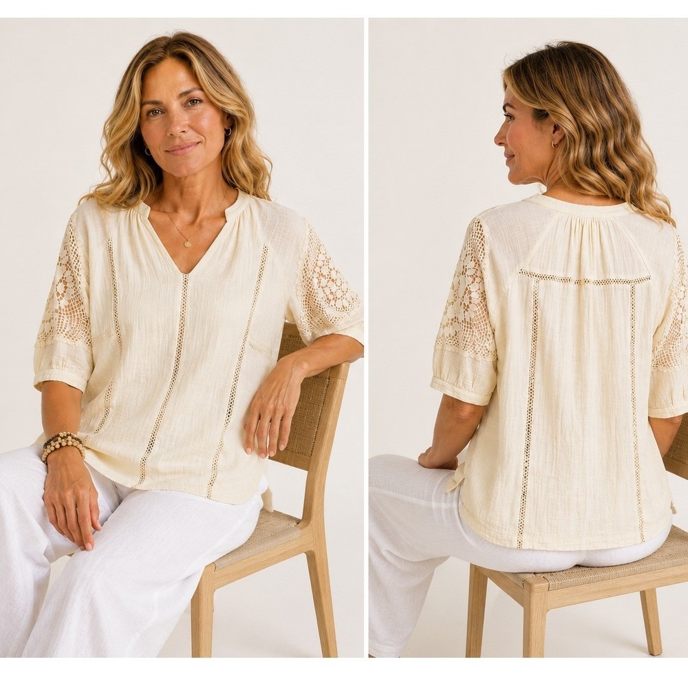 Soft Surroundings Magnolia Gauze Tunic Blouse PS Petite Small Lace Sleeve Boho